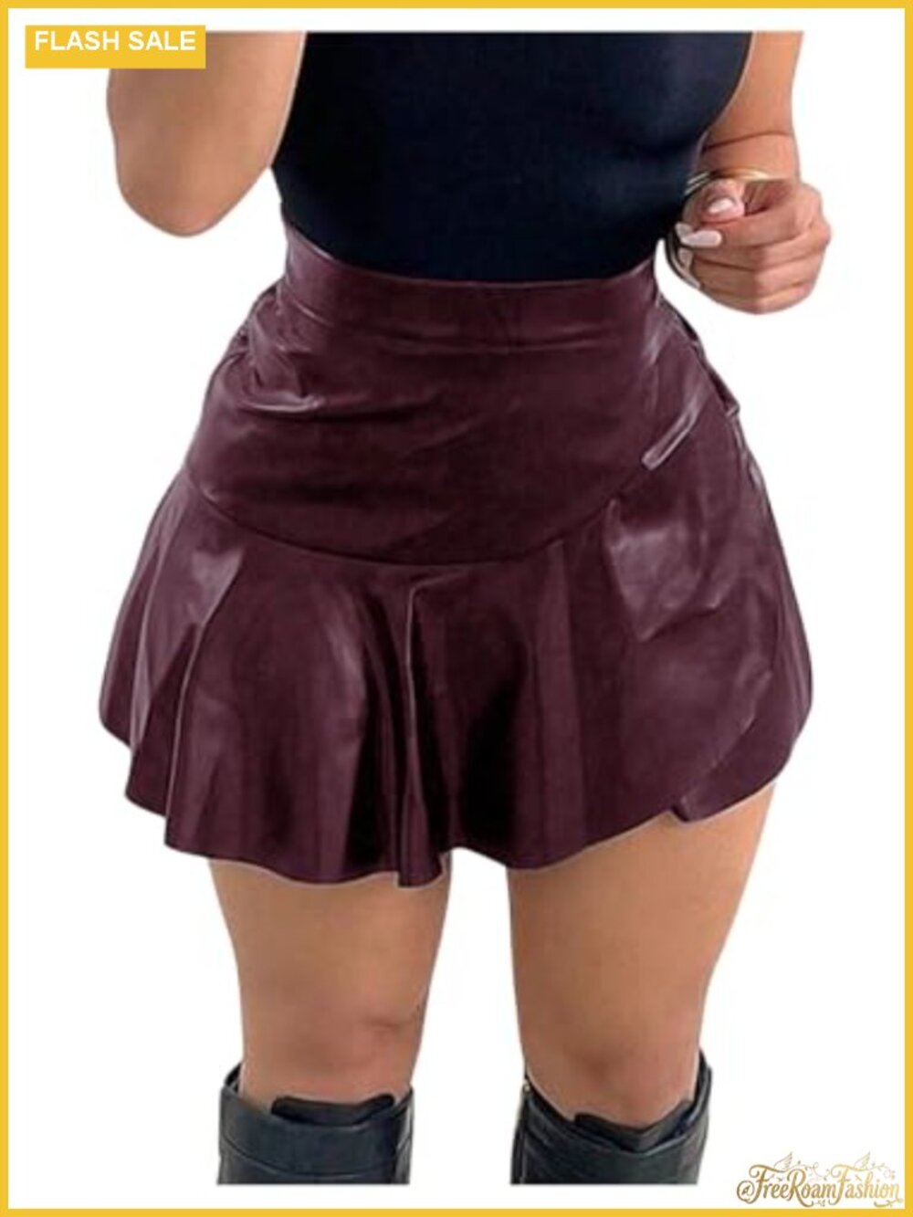 PU Leather Ruffle Hem Mini Skirt High Waist A-Line Y2K Night Out